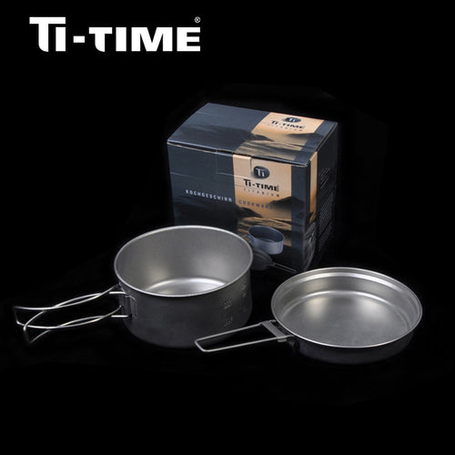 Ti-time Titanium outdoor camping Cooking cookware Pot Pan Sets 2pcs For One Person lightweight durable stainless tent cutlery