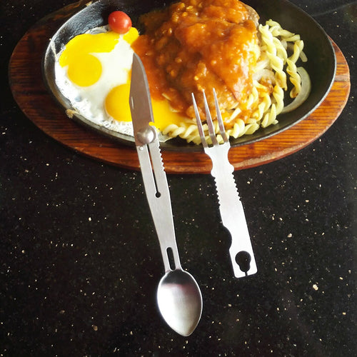3 in 1 Stainless Steel Multifunctional Outdoor Equipment Knife Fork Spoon Tableware Camping Cooking Tools V2